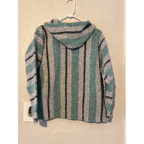 Earth Ragz Baja Poncho Mexican Hoodie Pullover Striped Oversized Teal Small - Picture 2 of 4